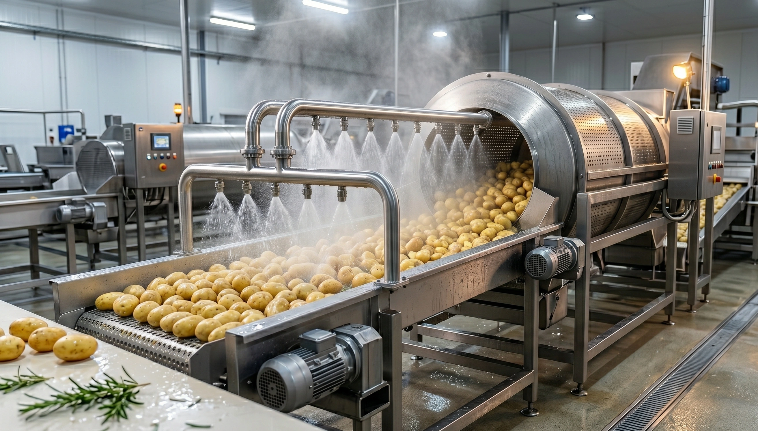 Potato cleaning process removing dirt and impurities